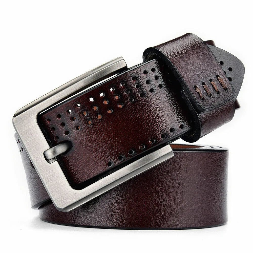 Men's 100% Genuine Leather Belts Square Buckle Brown 36-inch waist